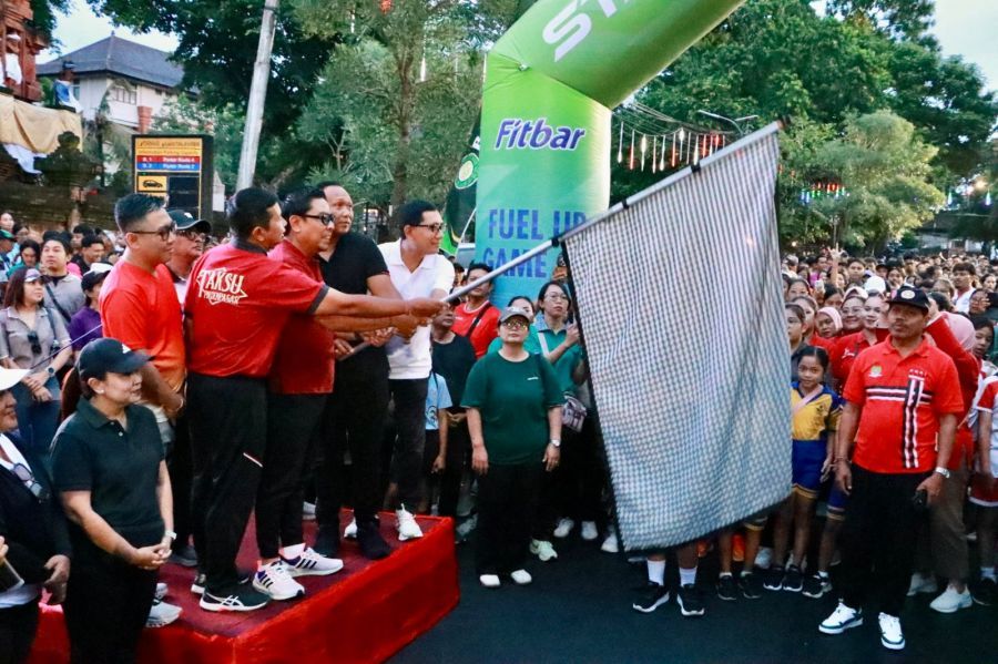 Wakil Wali Kota Denpasar I Kadek Agus Arya Wibawa mengibaskan bendera start Jalan Sehat HUT ke-238 Kota Denpasar di Lumintang. (foto/sukadana)