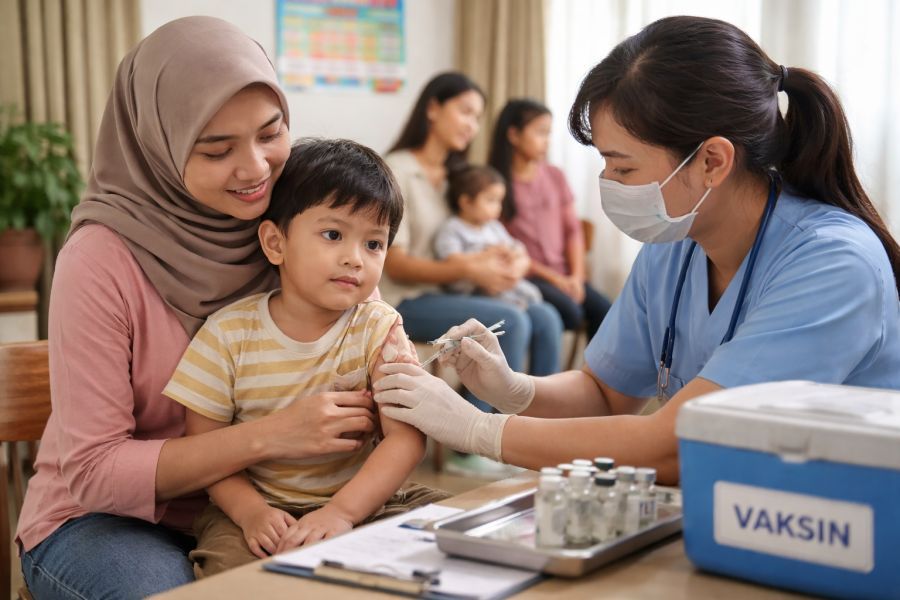 ilustrasi anak mengikuti imunisasi di puskesmas didampingi orang tua, mencerminkan pentingnya perlindungan kesehatan dasar bagi generasi masa depan Indonesia kini. (podiumnews)