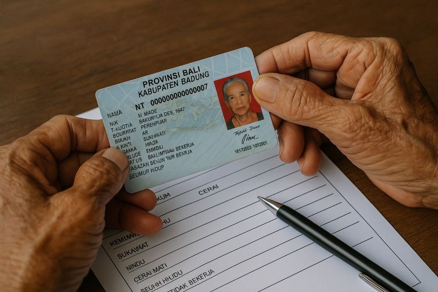 ILUSTRASI proses verifikasi data kependudukan memperlihatkan tangan lansia memegang KTP Bali pada tahapan validasi administrasi penyaluran bantuan sosial program daerah. (podiumnews)