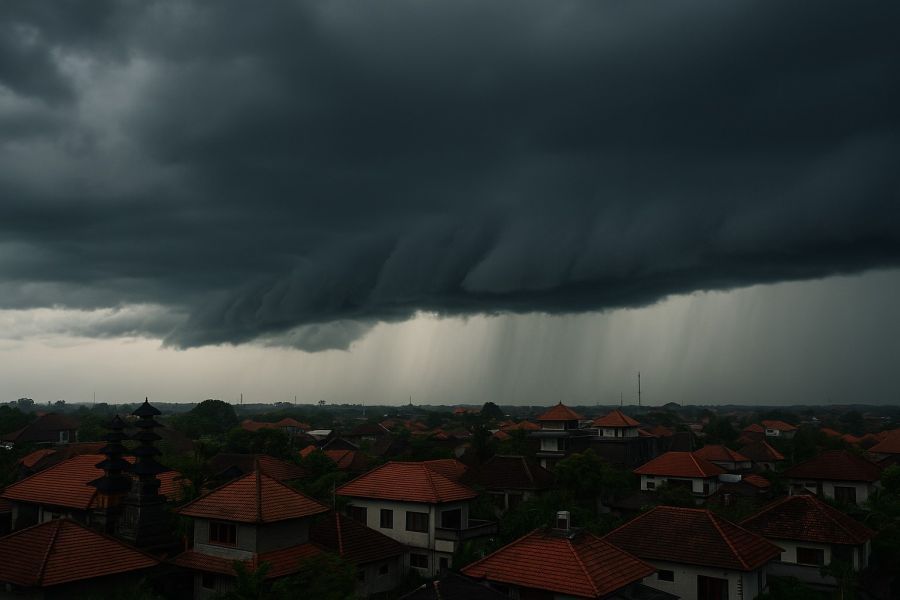 ILUSTRASI: Awan pekat menggantung di langit Bali, membawa hujan deras dan peringatan dini BMKG agar warga lebih waspada cuaca ekstrem. (podiumnews)