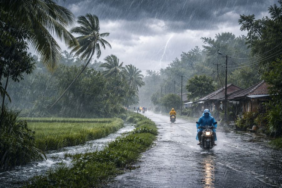 Ilustrasi hujan lebat dan angin kencang melanda kawasan perdesaan Bali, memicu genangan, pohon condong, serta gangguan aktivitas warga harian setempat. (podiumnews)