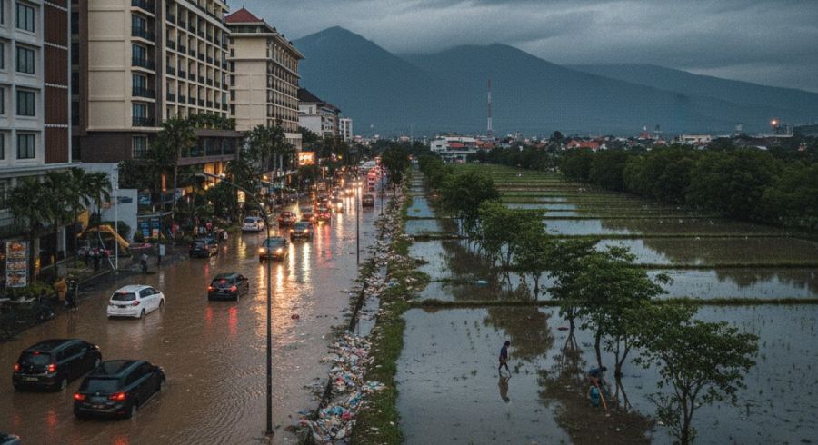 Betonisasi Denpasar mengundang air. Kontras memilukan, sawah diapit gedung-gedung mewah kini terendam akibat kelalaian tata ruang. (podiumnews)