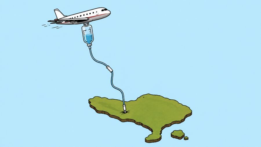 ILUSTRASI: Pariwisata menjadi infus ekonomi Bali, menghidupi banyak sektor sekaligus memperlihatkan rapuhnya ketergantungan pada wisatawan yang terus datang setiap tahun berikutnya. (AI/Podiumnews)