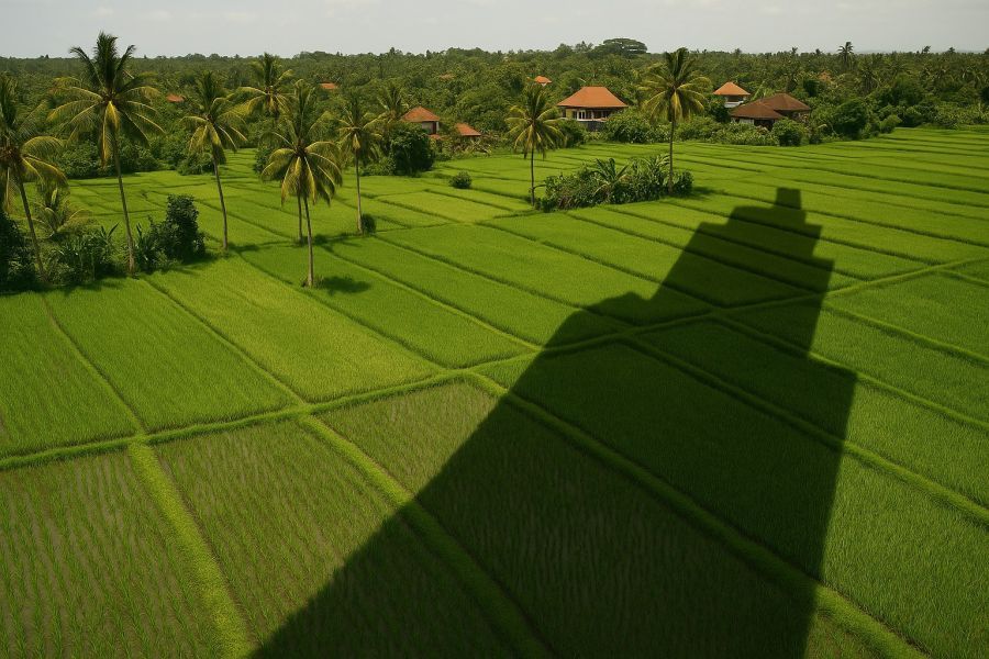 Ilustrasi: Bayangan bangunan modern jatuh menutupi sawah dan subak, menandai tekanan kapital asing di Bali. (podiumnews)