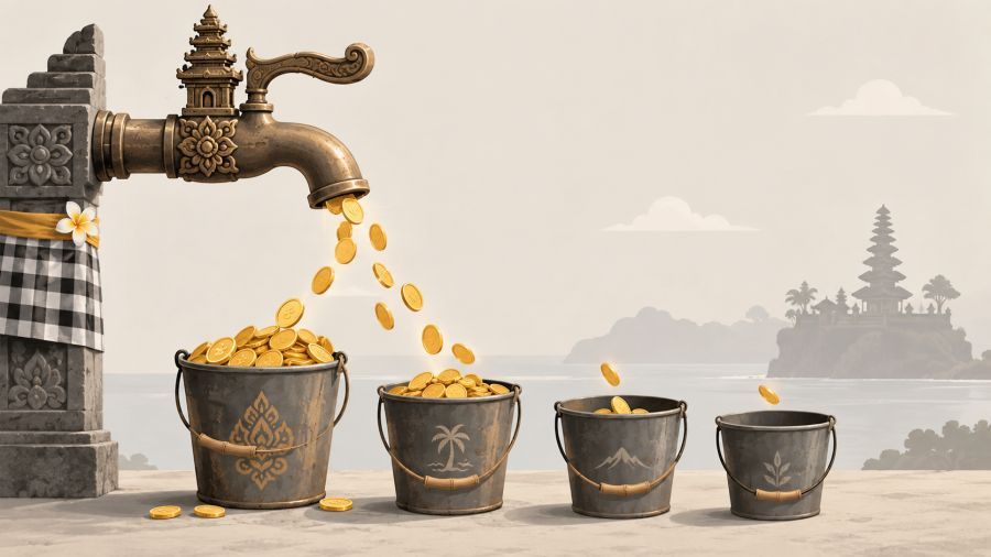  ILUSTRASI aliran pajak pariwisata Bali: satu sumber mengucur ke banyak ember, tetapi setiap daerah menampung hasil yang berbeda-beda secara fiskal. (AI/Podiumnews)