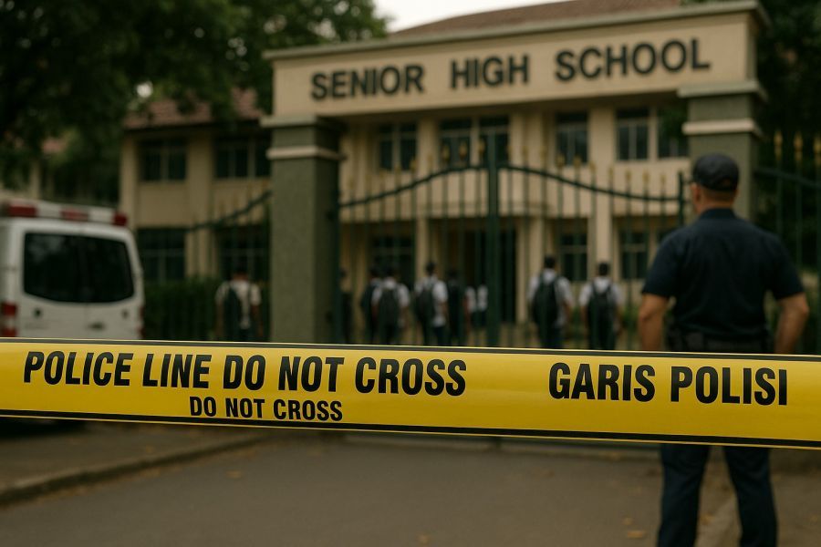 Ilustrasi suasana sekolah yang dipasang garis polisi dengan ambulans dan petugas berjaga, (podiumnews)