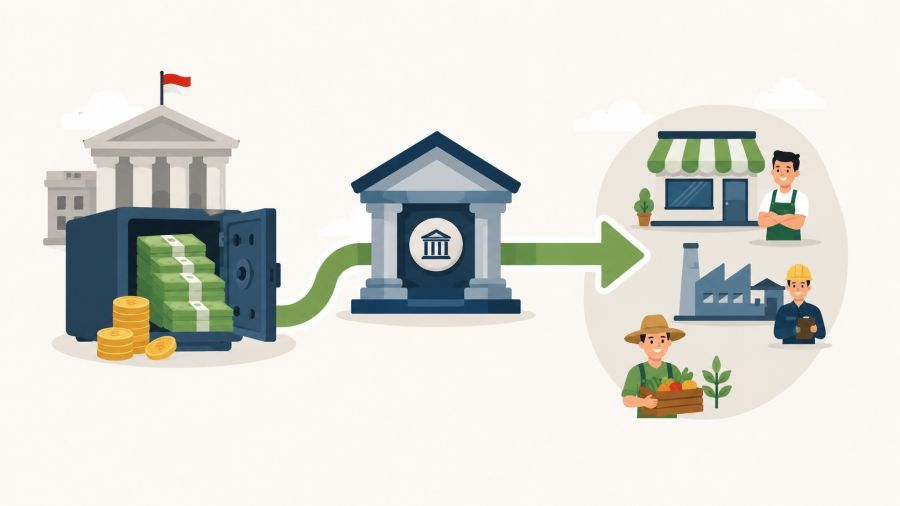 ILUSTRASI: Dana SAL pemerintah ditempatkan di perbankan untuk memperkuat likuiditas, memperluas kredit, dan mendorong pertumbuhan UMKM, industri, serta sektor pertanian. (AI/Podiumnews)