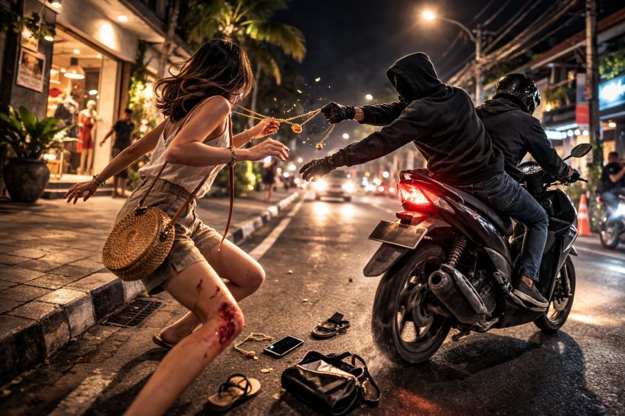 Ilustrasi aksi jambret terhadap wisatawan di kawasan Seminyak yang menimbulkan kerugian materi dan luka pada korban di lokasi kejadian. (Ilustrasi/podiumnews)