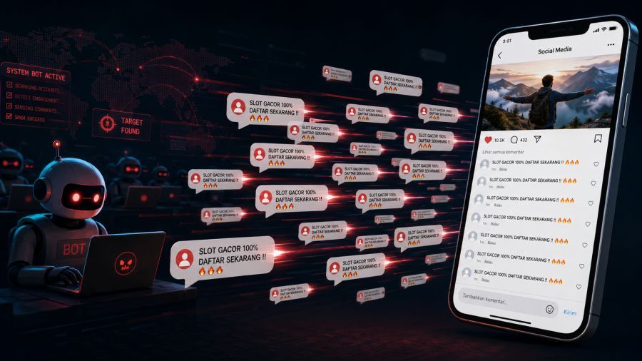 Ilustrasi seorang kreator konten daerah dibanjiri komentar spam judi online yang dikirim jaringan bot otomatis lintas platform digital secara masif. (AI/Podiumnews)