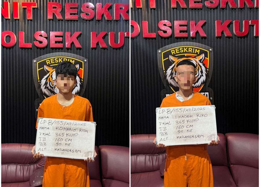 KR dan IKR, dua orang jambret yang merampas tas turis asal India berinisial MTR di Jalan Kunti I, Kelurahan Seminyak, Kuta, Badung, Bali, Kamis (18/12/2025) malam. (foto/hes)