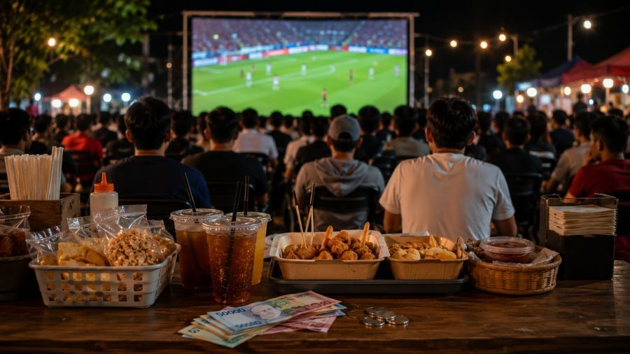 ILUSTRASI – Suasana nonton bareng Piala Dunia di ruang terbuka menjadi peluang menggerakkan UMKM dan mendorong perputaran ekonomi daerah. (AI/Podiumnews)