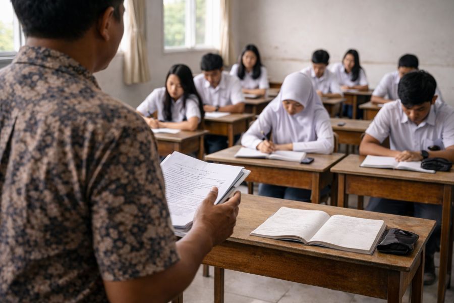 Ilustrasi suasana ruang kelas saat proses belajar berlangsung, menggambarkan interaksi guru dan siswa dalam lingkungan pendidikan yang netral dan formal. (podiumnews)