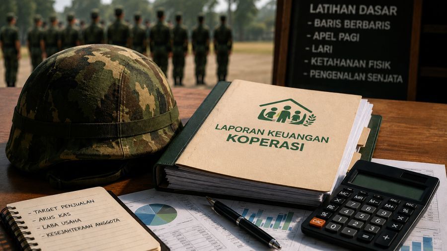 ILUSTRASI: Helm militer berdampingan dengan laporan keuangan koperasi, menggambarkan perdebatan mengenai relevansi pelatihan manajer KDMP berbasis kemiliteran. (AI/Podiumnews)