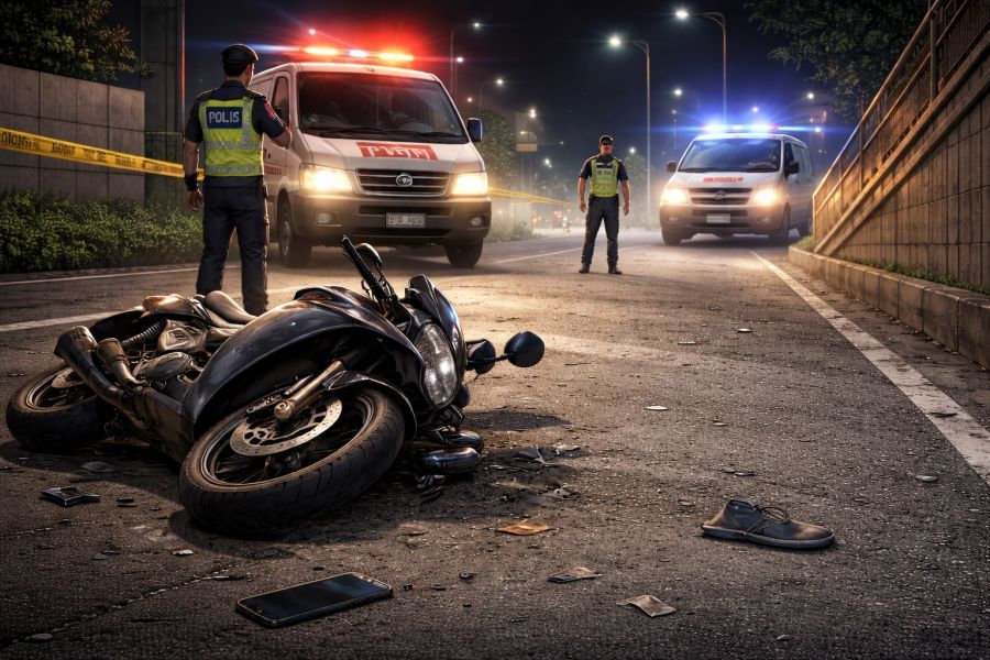 Ilustrasi sepeda motor terjatuh di badan jalan saat penanganan kecelakaan lalu lintas oleh petugas kepolisian dan ambulans di kawasan Denpasar. (podiumnews)