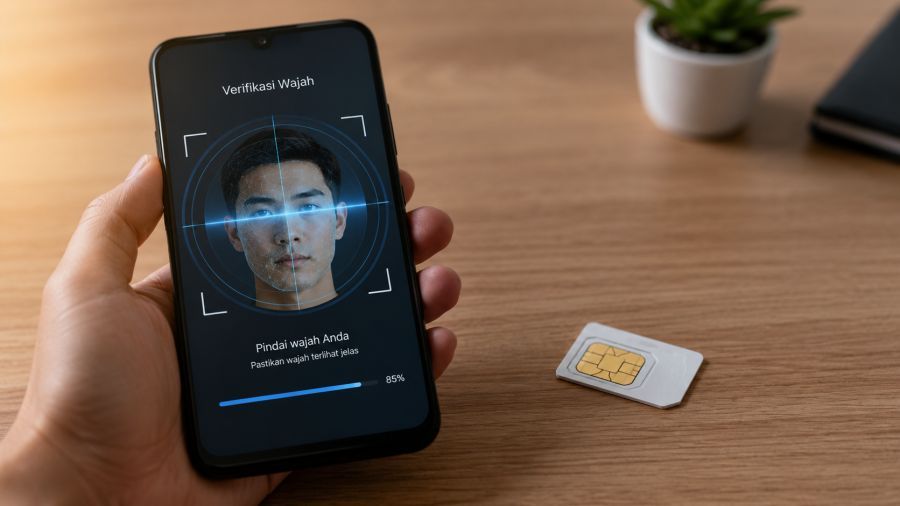ILUSTRASI: Pemindaian wajah melalui ponsel digunakan untuk registrasi kartu SIM prabayar guna mencegah nomor bodong dan kejahatan siber digital. (AI/Podiumnews)
