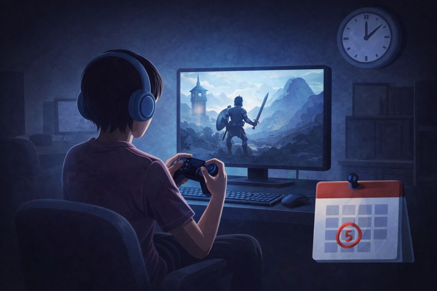 Ilustrasi anak bermain gim dengan durasi terbatas sebagai pengingat pentingnya pengaturan waktu demi menjaga kesehatan fisik dan mental. (podiumnews)