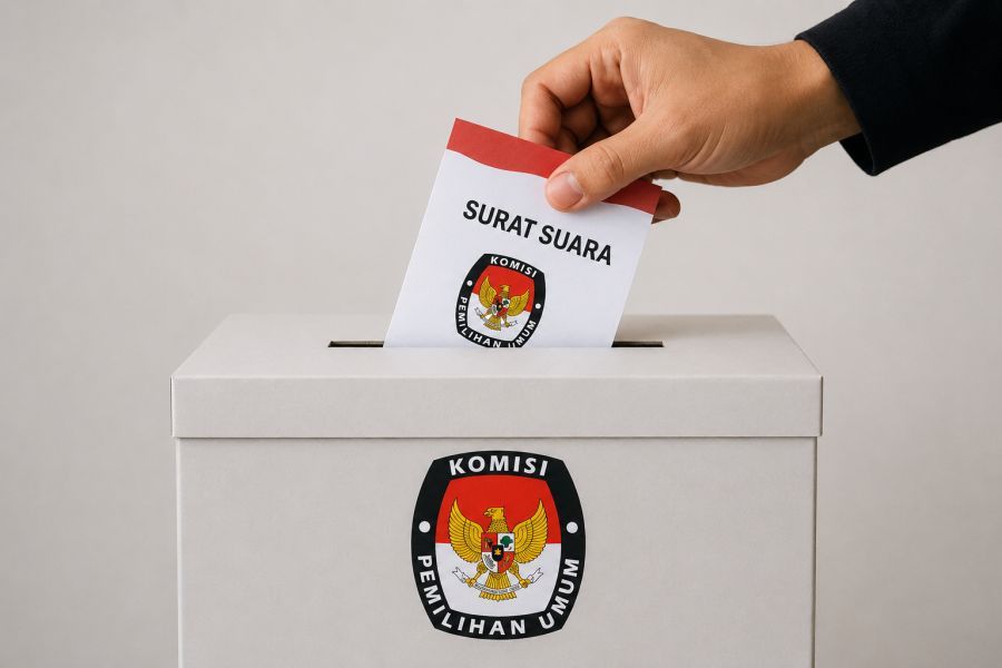 Ilustrasi proses pemungutan suara dalam pemilu. Seorang pemilih memasukkan surat suara ke kotak suara sebagai simbol partisipasi demokrasi dan kedaulatan rakyat. (podiumnews)