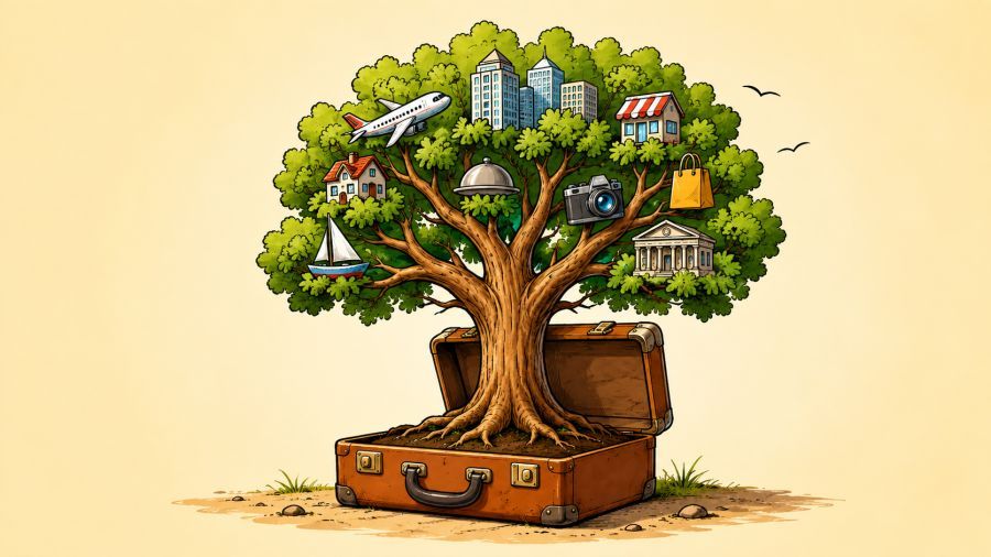 ILUSTRASI: Pariwisata menjadi akar pertumbuhan, sementara manfaatnya harus bercabang ke pertanian, teknologi, UMKM, pendidikan, dan pasar dunia yang lebih luas berkelanjutan. (AI/Podiumnews)