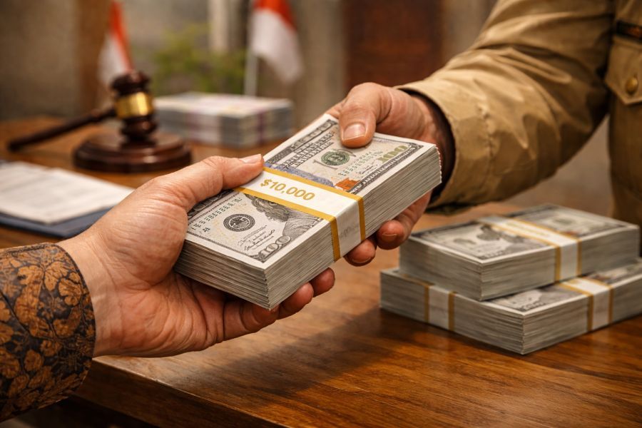 Ilustrasi: Pertukaran uang sebagai simbol praktik suap dan politik transaksional dalam pengisian jabatan. (podiumnews)
