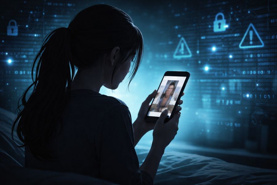 Ilustrasi perempuan di ruang digital mencerminkan kerentanan privasi dan pentingnya perlindungan dari penyalahgunaan teknologi kecerdasan buatan di media sosial. (podiumnews)