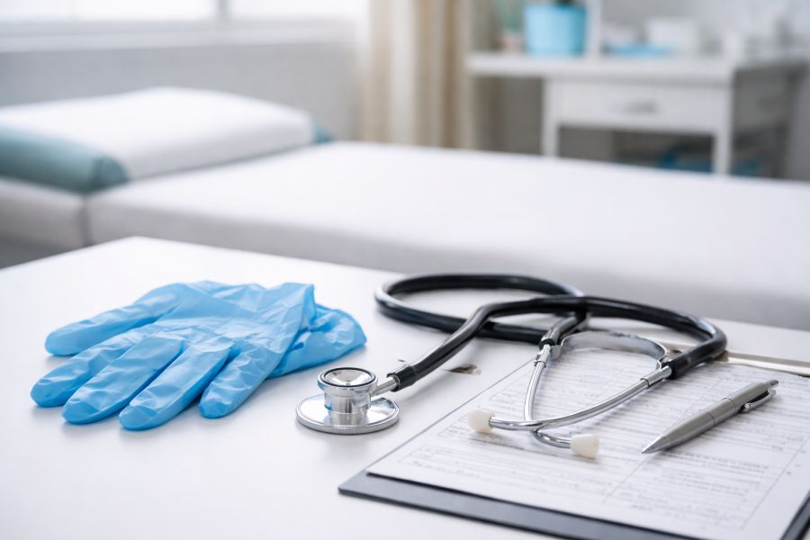 Ilustrasi peralatan medis di meja pemeriksaan kesehatan, menggambarkan pentingnya akses layanan visum sebagai bagian dari perlindungan korban dalam proses hukum. (podiumnews)