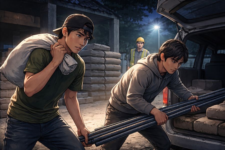 Ilustrasi aksi pencurian material proyek yang dilakukan dua buruh di kawasan Abiansemal, Badung, yang sempat viral dan ditangani kepolisian setempat. (podiumnews)