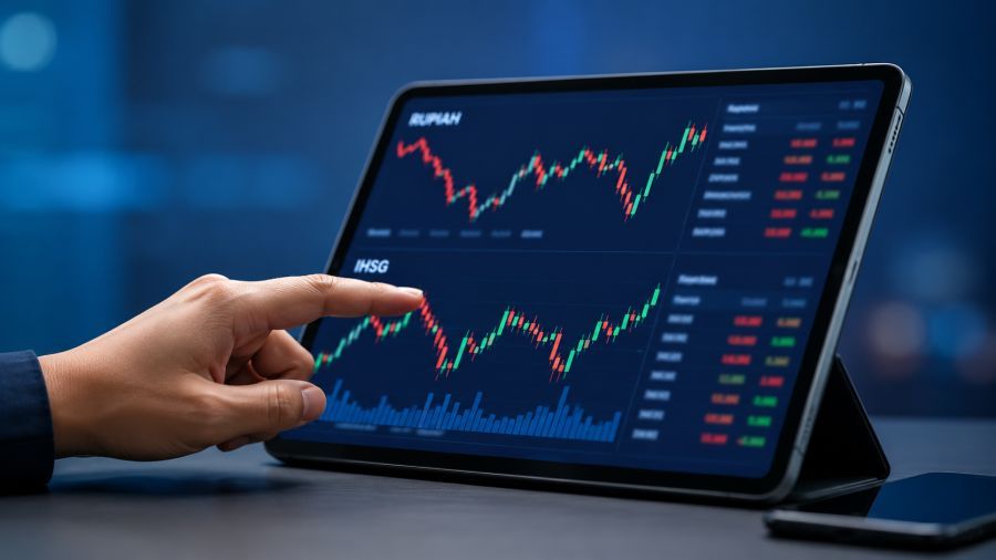ILUSTRASI : Tangan menunjuk grafik pergerakan rupiah dan IHSG pada tablet digital yang menggambarkan dinamika pasar keuangan dan sentimen investor. (AI/Podiumnews)