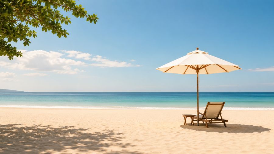 ILUSTRASI satu payung berdiri sendiri di pantai Bali, melambangkan pariwisata berkualitas, tenang, eksklusif, berkelanjutan, serta menghargai alam, dan pengalaman autentik. (AI/Podiumnews)