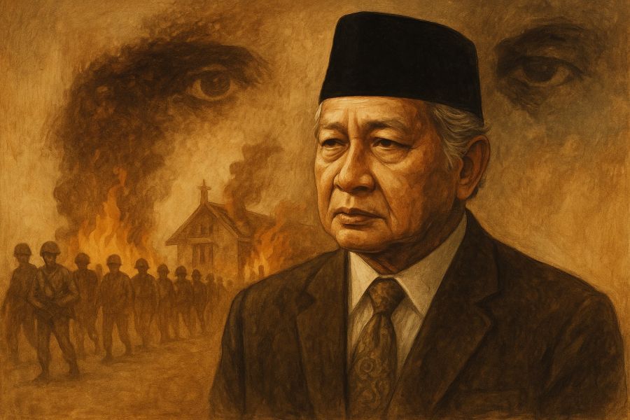 Ilustrasi Soeharto berdiri dalam bayang sejarah, menandai perdebatan publik tentang gelar Pahlawan Nasional dan ingatan kelam yang masih tertinggal. (podiumnews)