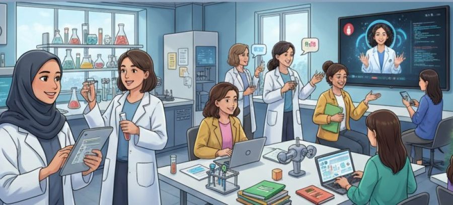 Perempuan di STEM: Berkolaborasi di lab, terhubung daring, membangun masa depan inovatif. (podiumnews)