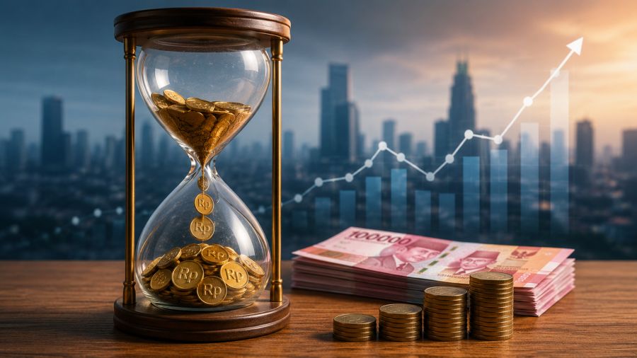 Ilustrasi jam pasir berisi koin rupiah menggambarkan stimulus ekonomi pemerintah sebagai penyangga sementara di tengah ketidakpastian global. (AI/Podiumnews)
