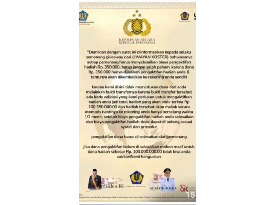 podiumnews.com-Warga Diminta Waspadai Penipuan Giveaway Mengatasnamakan Gubernur Bali