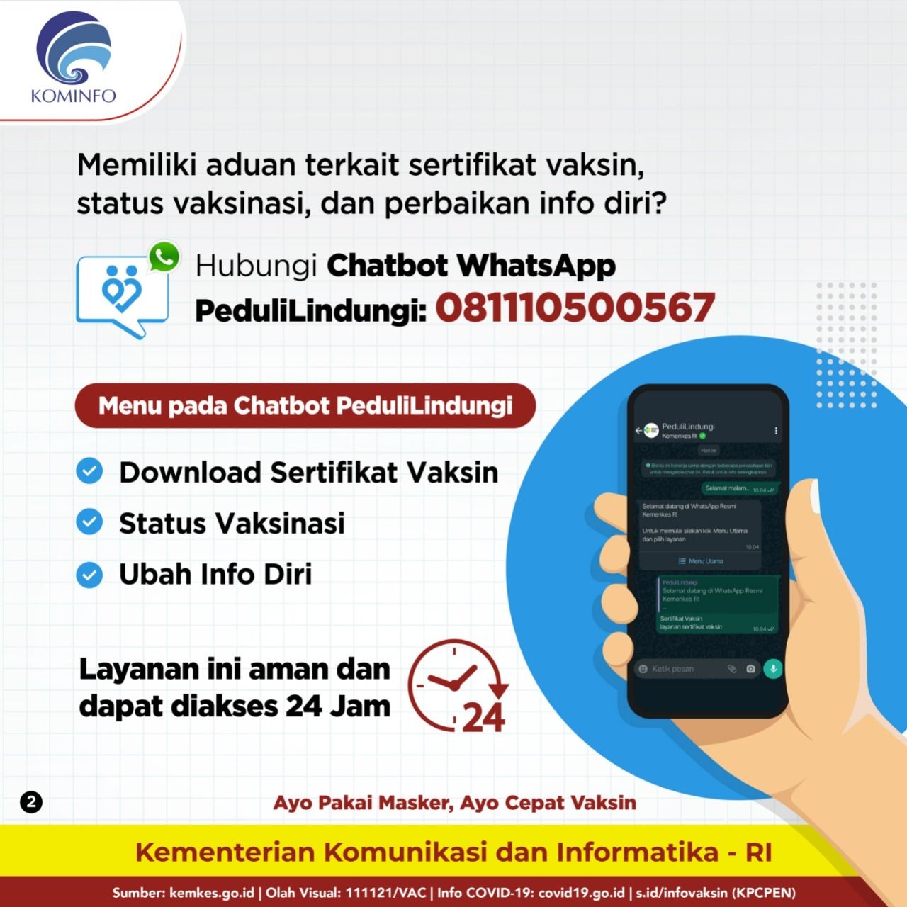 podiumnews.com-Chatbot WhatsApp PeduliLindungi 081110500567: Layanan 24 Jam Aduan