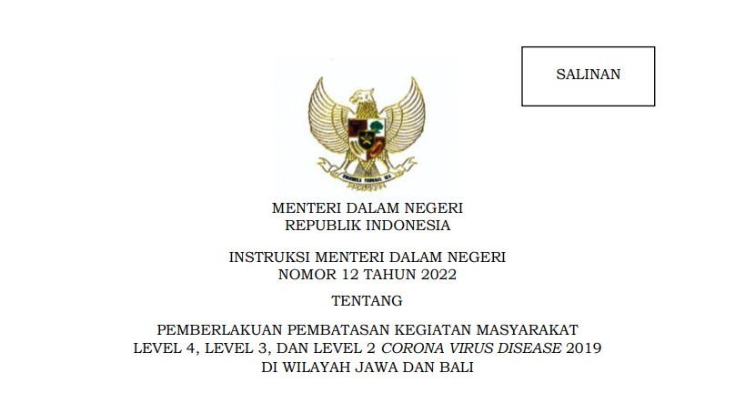 podiumnews.com-Inmendagri Tentang PPKM Jawa-Bali, Empat Daerah Masuk Level 4