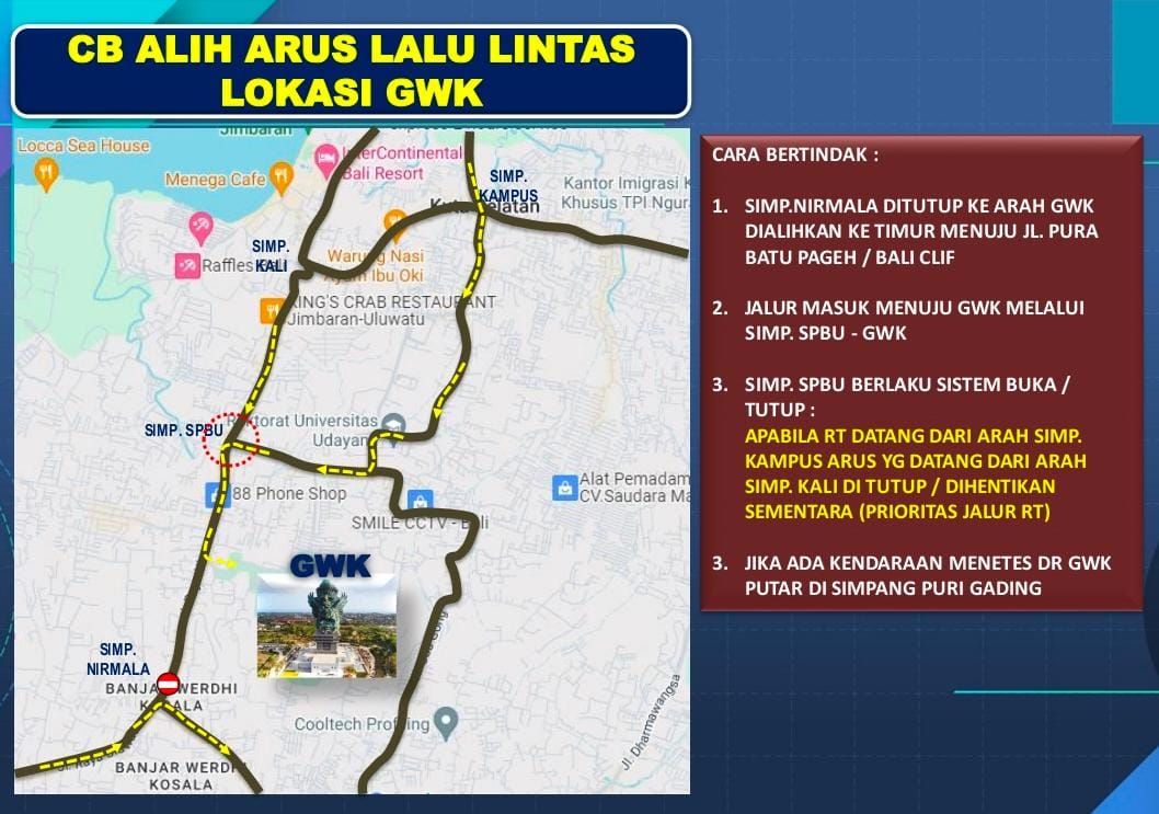 podiumnews.com-Arus Lalin di Kawasan GWK dan Kuta Dialihkan