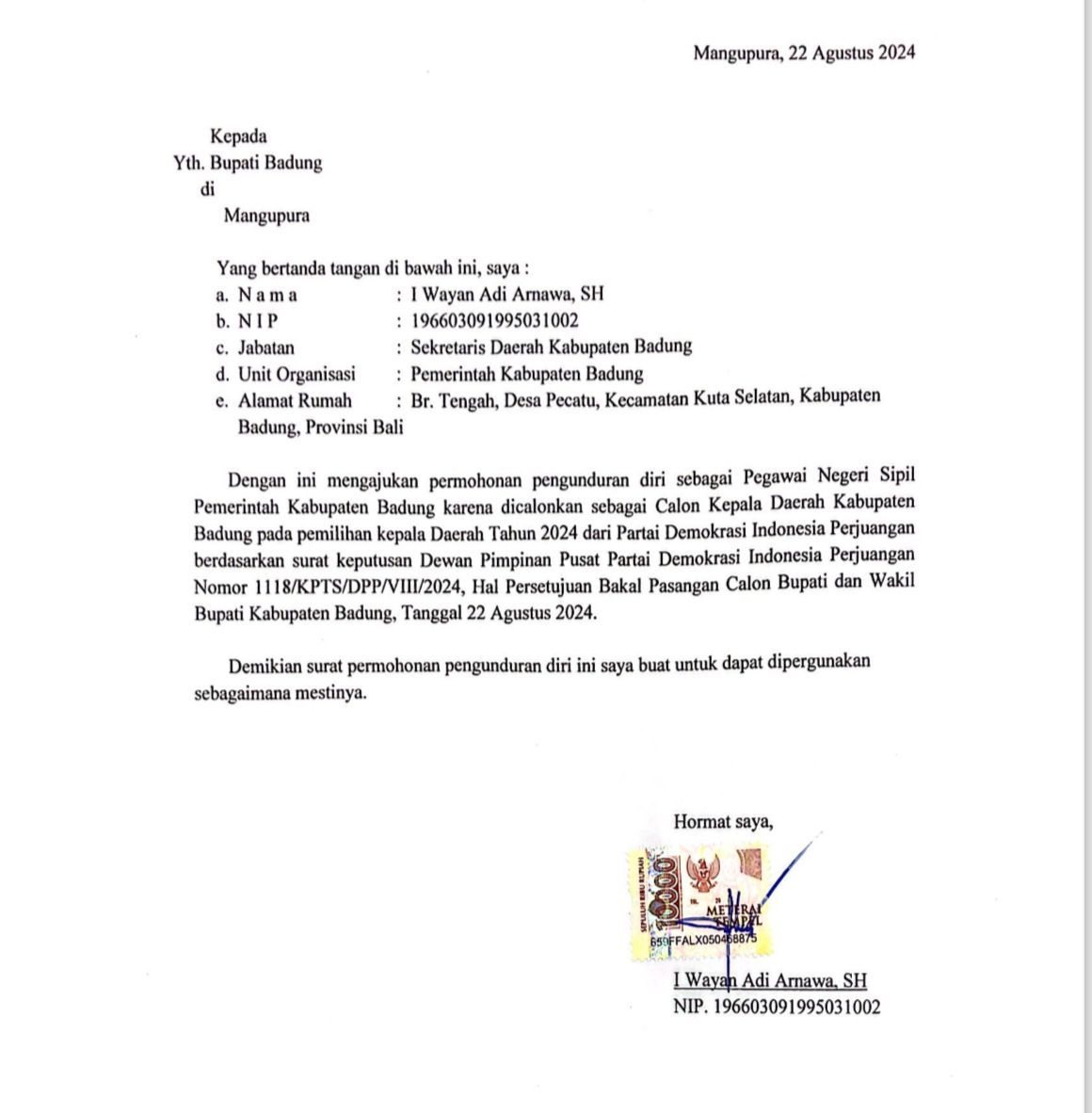 podiumnews.com-Jadi Cabup, Adi Arnawa Mundur dari Sekda Badung