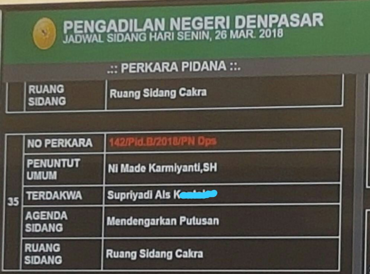 Nama Terdakwa Tertulis Fulgar, di Layar Jadwal Sidang
